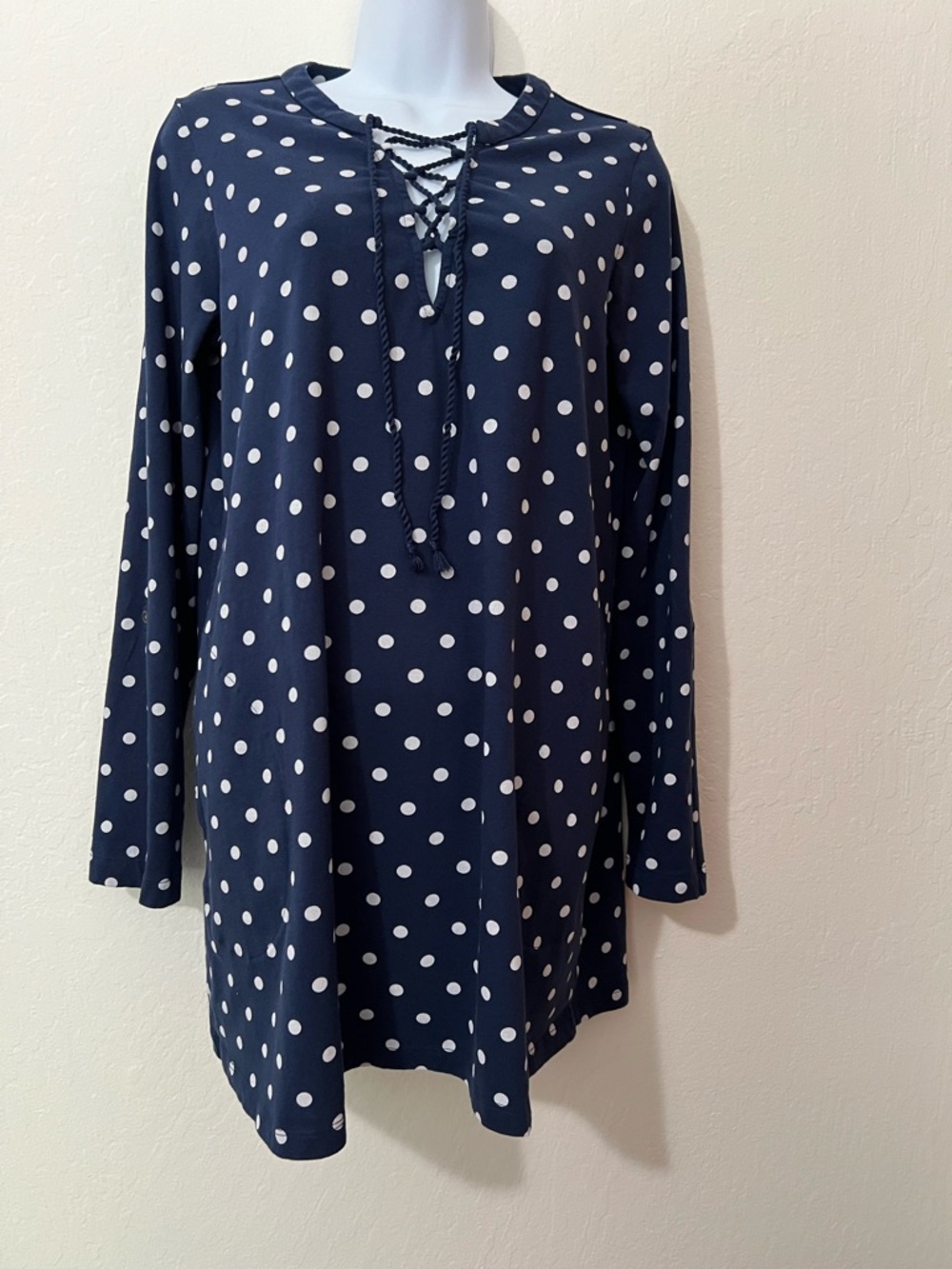 Lands End Navy Polka Dot Lace-Up Tunic With Side Pockets